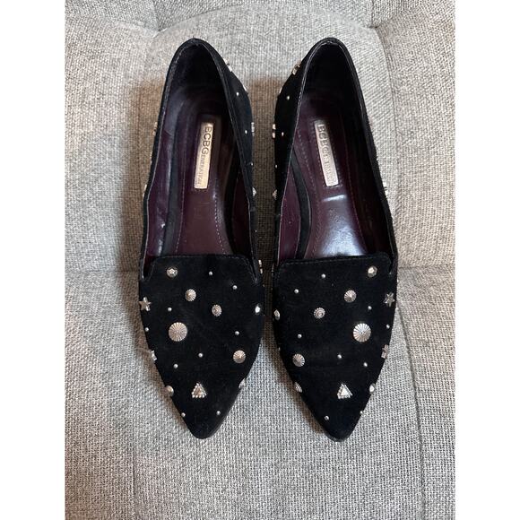 BCBG Shoes - BCBG size 5.5 Nikkola black suede pointed-toe loafers silver-toned stars